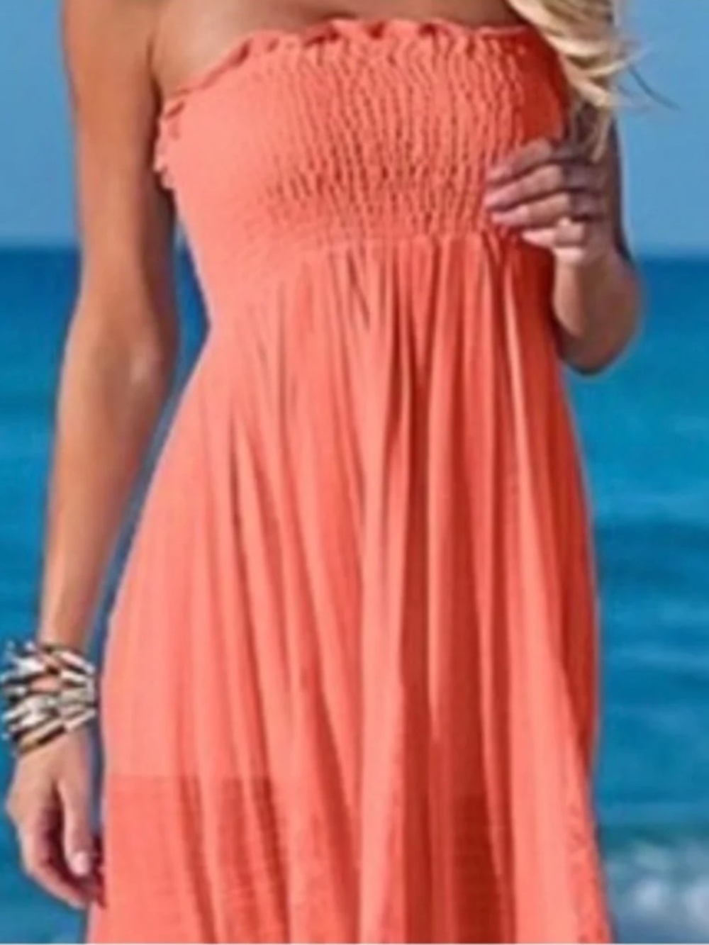 Venus Women's Coral Lace Inserts Strapless Smocked Maxi Dress Size M - Picture 2 of 8